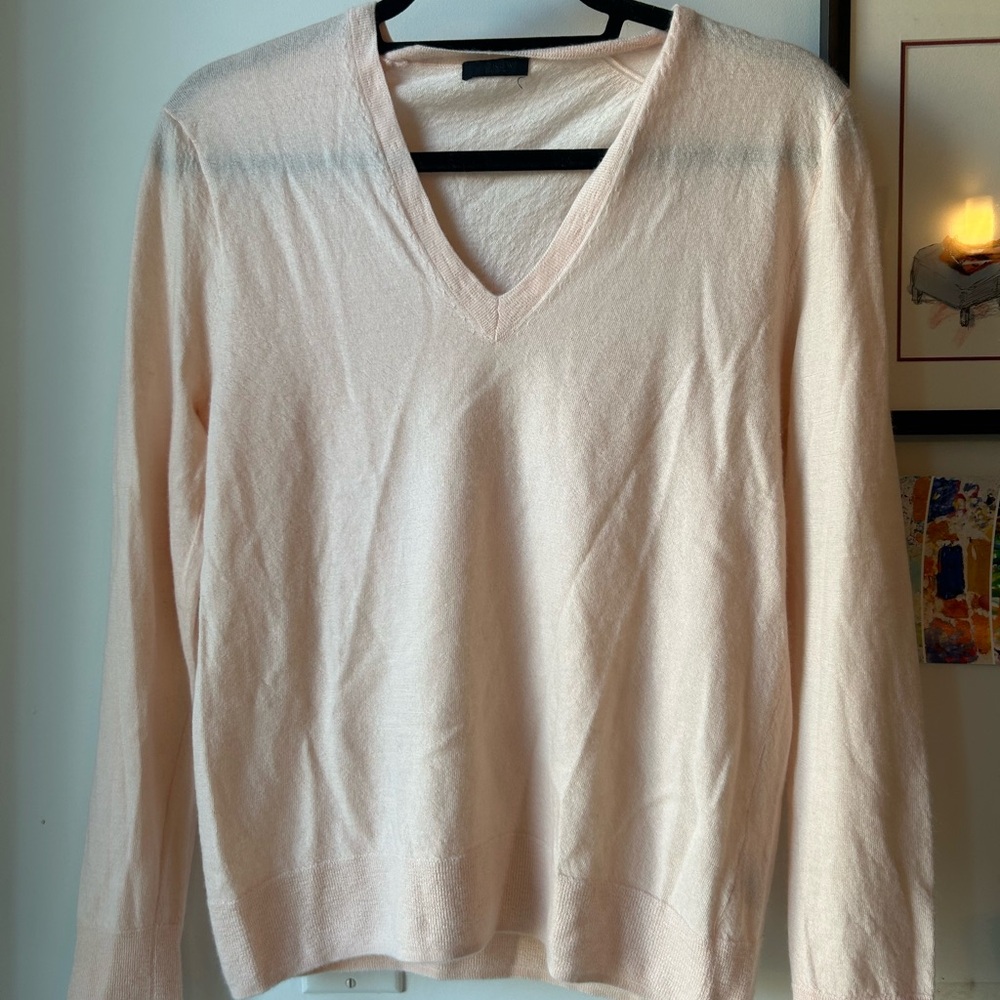 J. Crew Cream/Pale Pink V-Neck Sweater Fine Knit